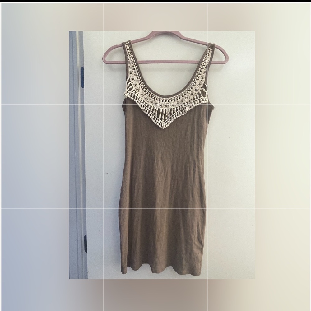 Moda International taupe ribbed tank dress with embroidered neckline L